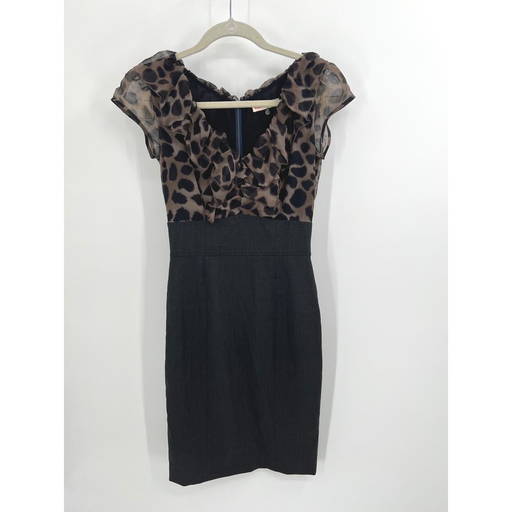 Rebecca Taylor Leopard Print Ruffle Sheath Dress Contrast Zip Size 2